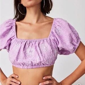 Free People Embroidered Puff-Sleeve Crop Top